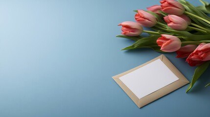 Soft light illuminates delicate pink tulips beside blank card peaceful spring scene. AI Generated