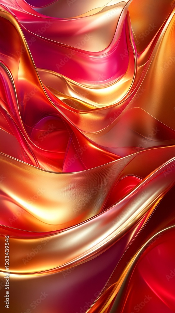 Poster abstract flowing red gold curves with soft fluid lines and gradient colors creating a vibrant digita