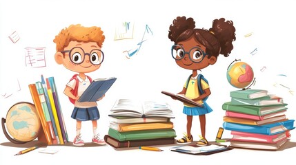 Children enjoying reading in a colorful library setting with books and learning materials scattered around