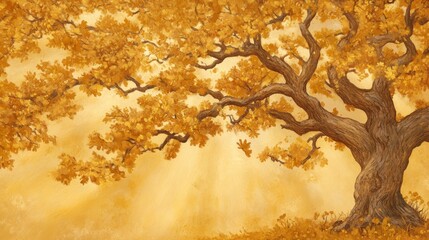 Golden Autumn Oak Tree Landscape Painting