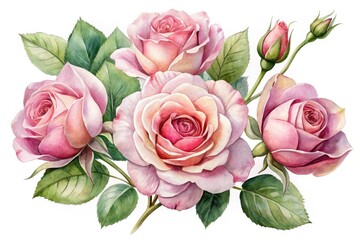 Naklejka premium Exquisite hand-painted watercolor pink roses. High-resolution botanical art, perfect for elegant designs. White background.