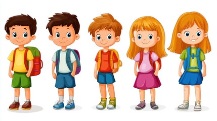Group of cheerful children with backpacks ready for school on a sunny day