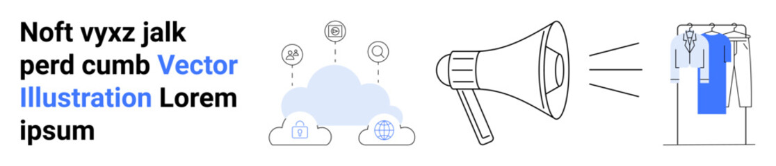 Cloud computing icons, megaphone for marketing, and clothing rack for e-commerce integration. Ideal for digital transformation, marketing campaigns, online shopping, business strategy, innovation