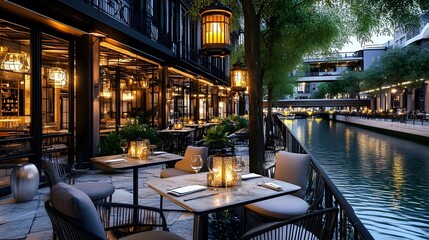 romantic canal-side restaurant at night - atmospheric lighting: the.