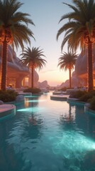 Fototapeta premium Futuristic Oasis in the Desert with Glowing Palm Trees