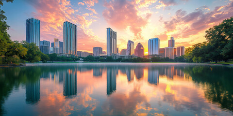 Fototapeta premium City Skyline with Skyscrapers and Sunset Reflection on Water
