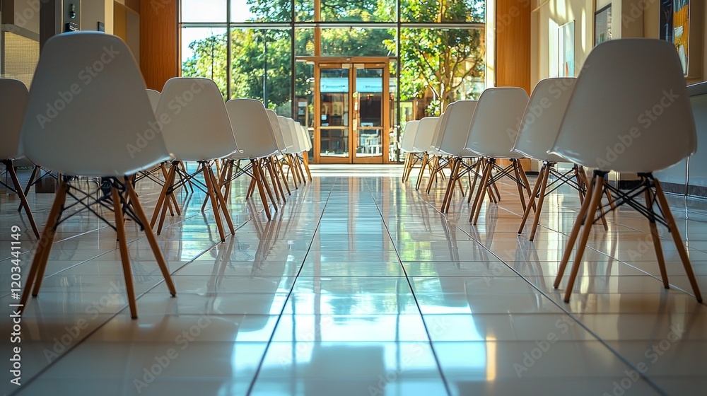 Poster A vast, serene space features numerous white chairs aligned in a row. Sunlight streams through large glass windows, illuminating the polished floor and creating a peaceful atmosphere