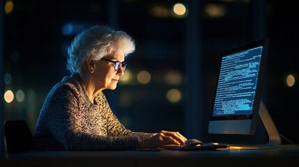 Elderly woman embracing technology, coding journey at minimalist workspace, inspiring lifelong learning and empowerment through tech