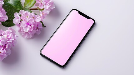 Pink Flowers and Smartphone Mockup on White Background