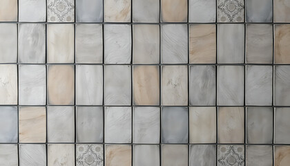 Old gray brown vintage shabby patchwork motif tiles stone concrete cement wall texture background banner, vintage, with white tones