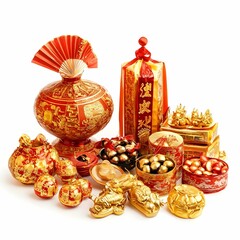 Red silk pouches with golden flowers, Traditional Chinese red pouches for the spring festival, Set of five red pouches with gold coins, Red silk pouches with golden cranes