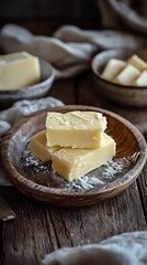 Creamy Fudge Stacks Rustic Wooden Bowl Warm Lighting. AI Generated