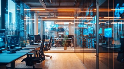 Fototapeta premium Modern Office Interior with Glass Walls and Technology Displays