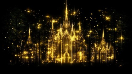 Fototapeta premium Golden Castle Enchantment in Starlit Forest