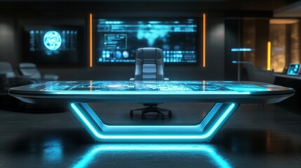 Obraz premium Futuristic Office Space with High-Tech Desk and Interactive Display
