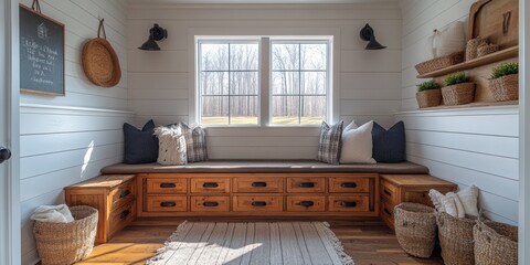 Bright and airy mudroom with wooden storage in a cozy home inviting and natural light designed for functionality and style