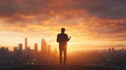 Fototapeta premium Urban Visionary, Entrepreneur surveying the skyline, tablet in hand, embodying innovation and leadership in a bustling city environment
