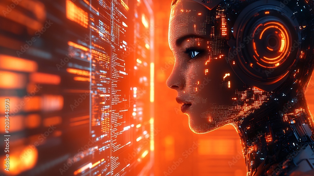 Poster ai chatbots working chatting on computer screens set against a vibrant orange background with digita