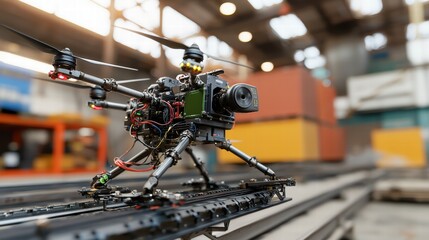 Fototapeta premium Drone Camera on Tracks in Industrial Warehouse Setting