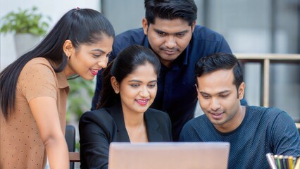 Indian team working together on a laptop in an office environment.
