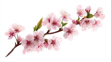 Pink cherry blossom branch displayed elegantly against a white background during springtime