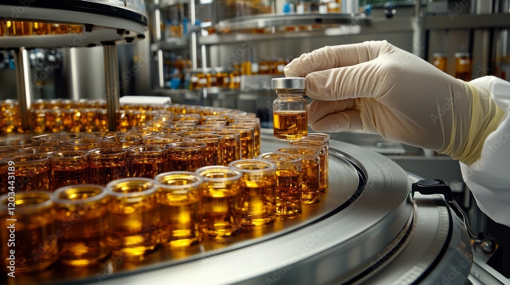 Aufkleber in a state-of-the-art laboratory, a gloved hand carefully picks a small vial from a rotating carouse