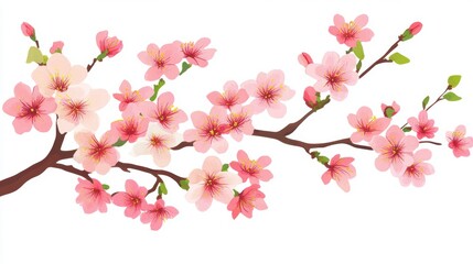 Fototapeta premium Beautiful cherry blossom branch adorned with delicate pink flowers and fresh green leaves showcasing spring's vibrant arrival