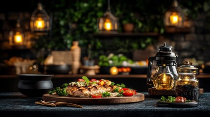 Naklejka premium Warm light illuminates delicious grilled chicken salad artfully arranged on rustic wood. AI Generated