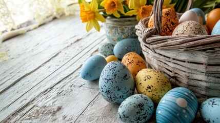 Colorful Easter Eggs Spilling from Basket on Rustic Wood