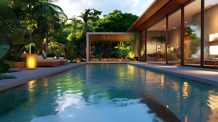 Fototapeta premium luxury tropical villa pool at dusk - luxury travel