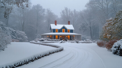 Naklejka premium A snow-covered driveway leads to a large, brick house surrounded by snowy trees. 