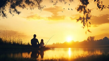 Father and daughter share a tranquil summer fishing experience on a serene river, embodying nostalgia and deep familial bonds