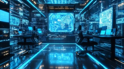 Obraz premium Futuristic Technology Control Room with Digital Displays and Monitors