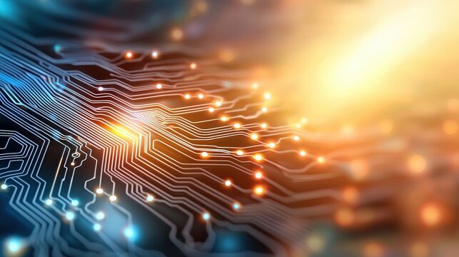 A futuristic circuit board background featuring sleek lines and vibrant colors, showcasing the cutting edge technology and digital innovation of modern electronics.