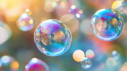 Colorful soap bubbles float gracefully in a sunlit garden, creating a dreamy and whimsical atmosphere during the day