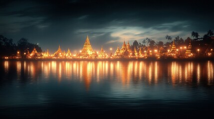 Fototapeta premium Festival of Lights, vibrant temples aglow, shimmering reflections dance on serene waters, captivating evening ambiance