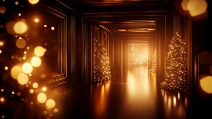 Golden Christmas Hallway with Illuminated Trees