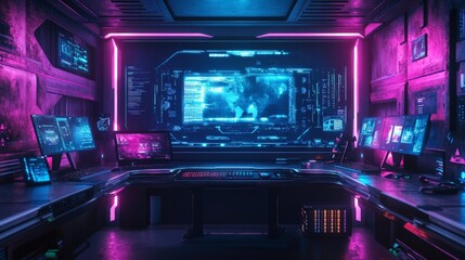 Obraz premium Futuristic Cyberpunk Workspace with Neon Lights and Digital Displays