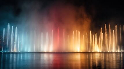 Fototapeta premium Festival of Lights Celebration, vibrant urban plaza filled with synchronized lights and fountain displays, creating a festive atmosphere