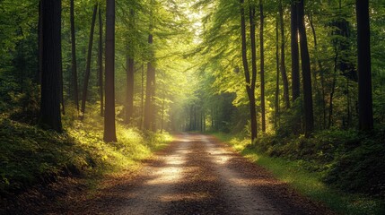 Obraz premium Peaceful forest pathway illuminated by sunlight during a calm morning in nature