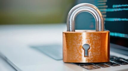Fototapeta premium A digital padlock with a metallic finish is shown in front of a closed laptop computer on a white background