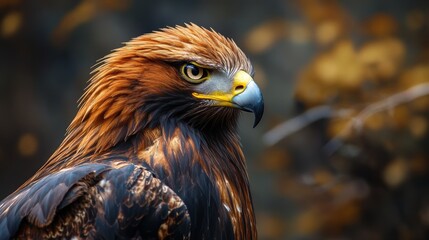 Naklejka premium Majestic golden eagle perched in a natural setting, showcasing its striking features and intense gaze