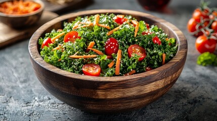 Highquality photorealistic image of kale salad in wooden bowl