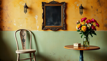 old chair, a mirror and a table with flowers on background of vintage wall, pop art, with white tones