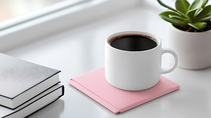 White Coffee Mug on Pink Coaster with Books and Succulent Plant