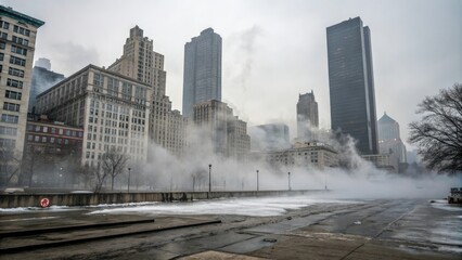 Fototapeta premium A misty cityscape with fog and steam covering the buildings on a dull grey urban background, city, serene, natural
