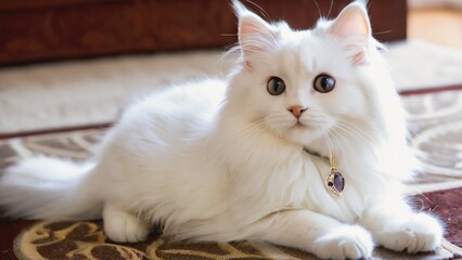 A white cat with a collar, lying on a patterned rug