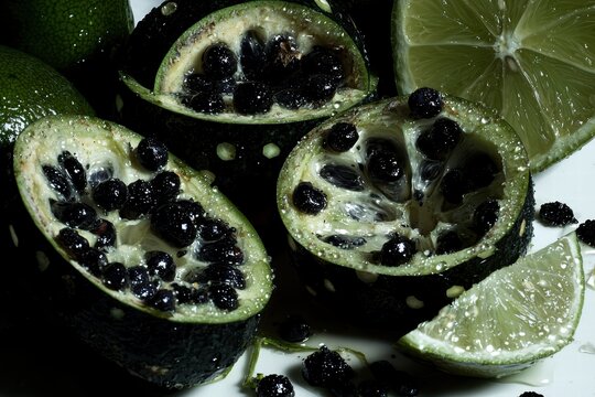 Black Limes Freshly Cut with Halved Fruit and Lime Slices
