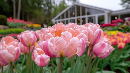 Peach tulips bloom in spring garden, greenhouse backdrop