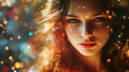Fototapeta premium Captivating portrait of a young woman surrounded by colorful lights in an enchanting setting at dusk